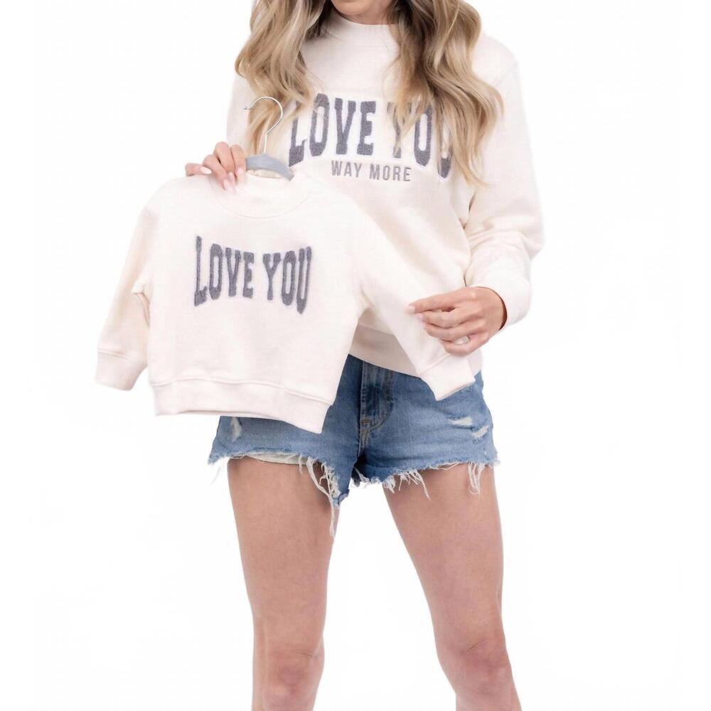 NEW LELALO women's love you way more crew neck sweatshirt in white